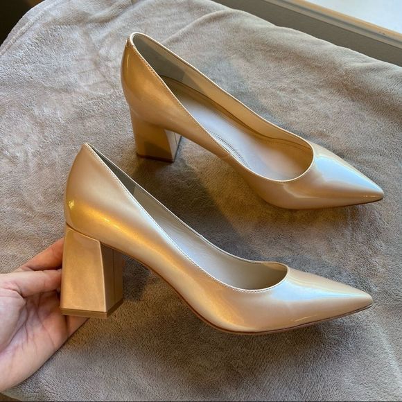 Marc Fisher Champagne Gold Square Heel Closed Toe Pumps - Picture 2 of 9